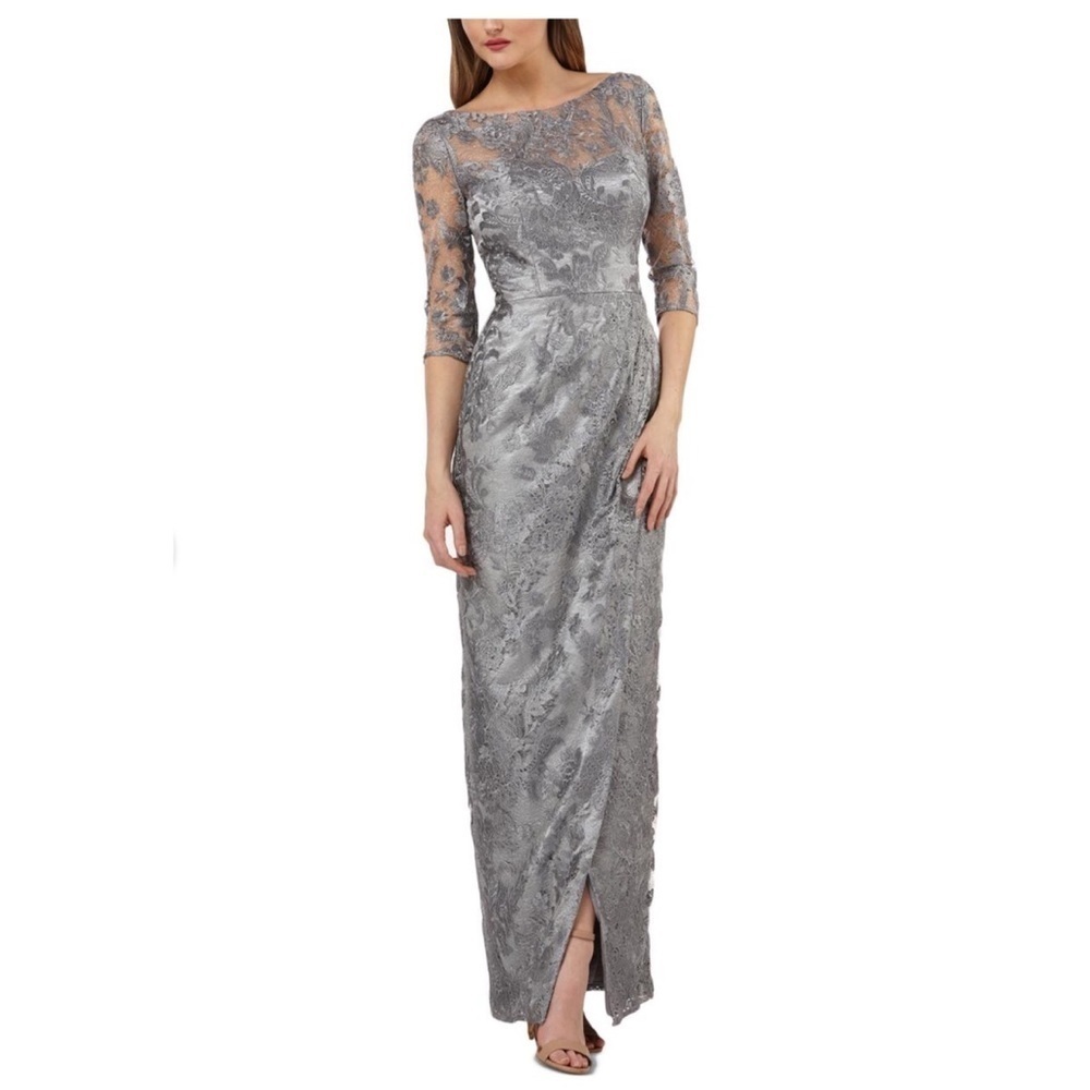 JS Collections Womens Silver Lace Faux-Wrap Evening Dress Gown